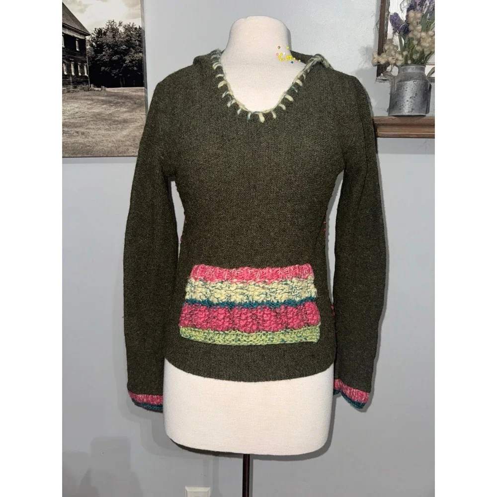 Free People hooded wool slim fit green and‎ pink Kangaroo pocket sweater medium